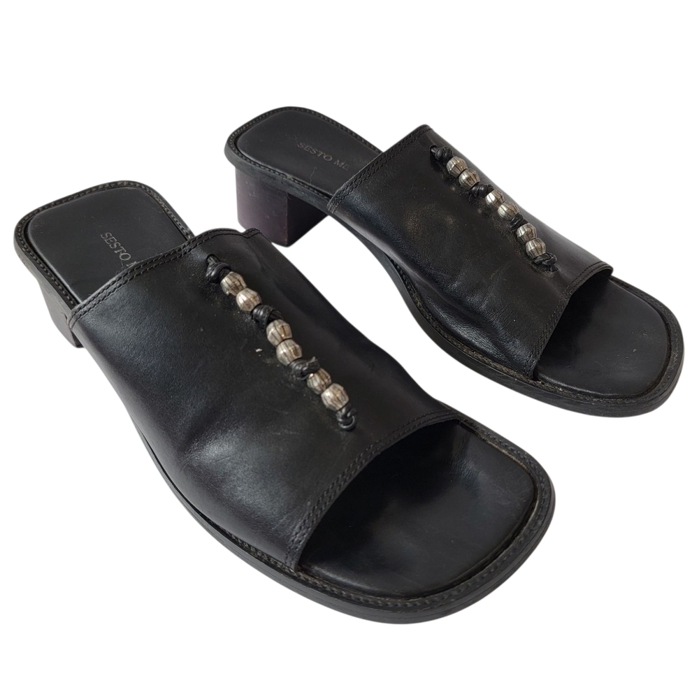 SESTO MEUCCI Black Square Feet Block Heel Embellished Sandals Sz 9N Minimalist